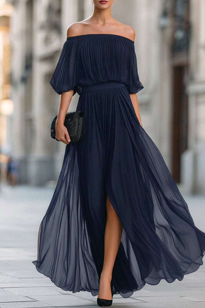 Indiana | Women's Off-Shoulder Pleated Chiffon Maxi Dress, Flowing Evening Dress | The Shrader Sisters | Navy