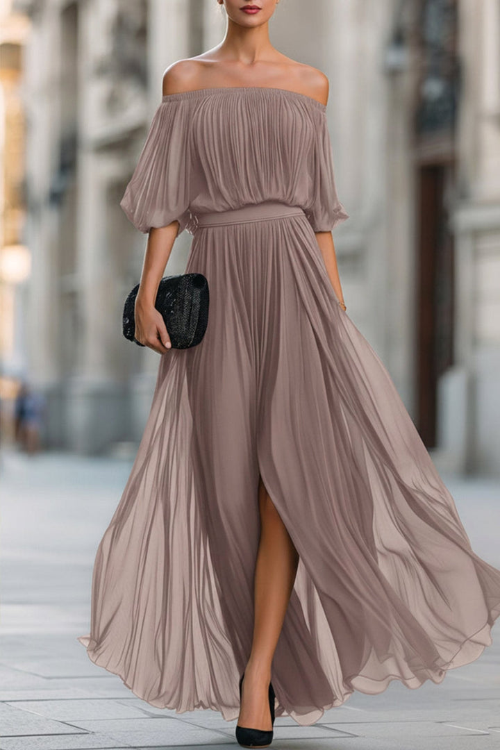 Indiana | Women's Off-Shoulder Pleated Chiffon Maxi Dress, Flowing Evening Dress | The Shrader Sisters | Taupe