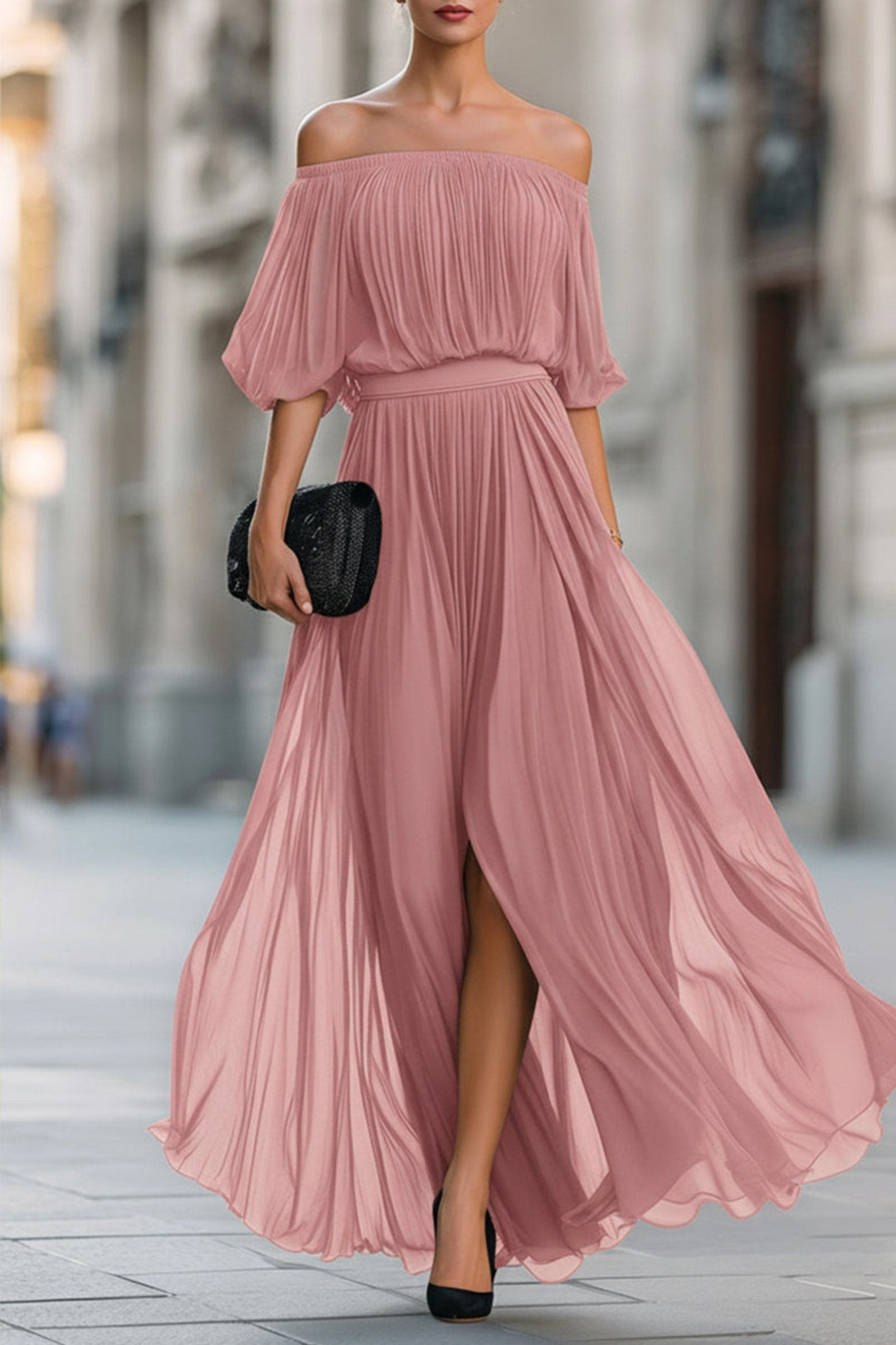 Indiana | Women's Off-Shoulder Pleated Chiffon Maxi Dress, Flowing Evening Dress | The Shrader Sisters | Dusty Rose