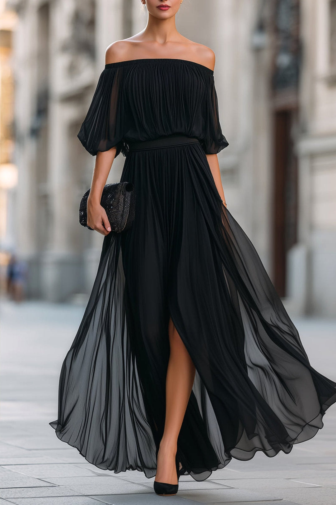 Indiana | Women's Off-Shoulder Pleated Chiffon Maxi Dress, Flowing Evening Dress | The Shrader Sisters