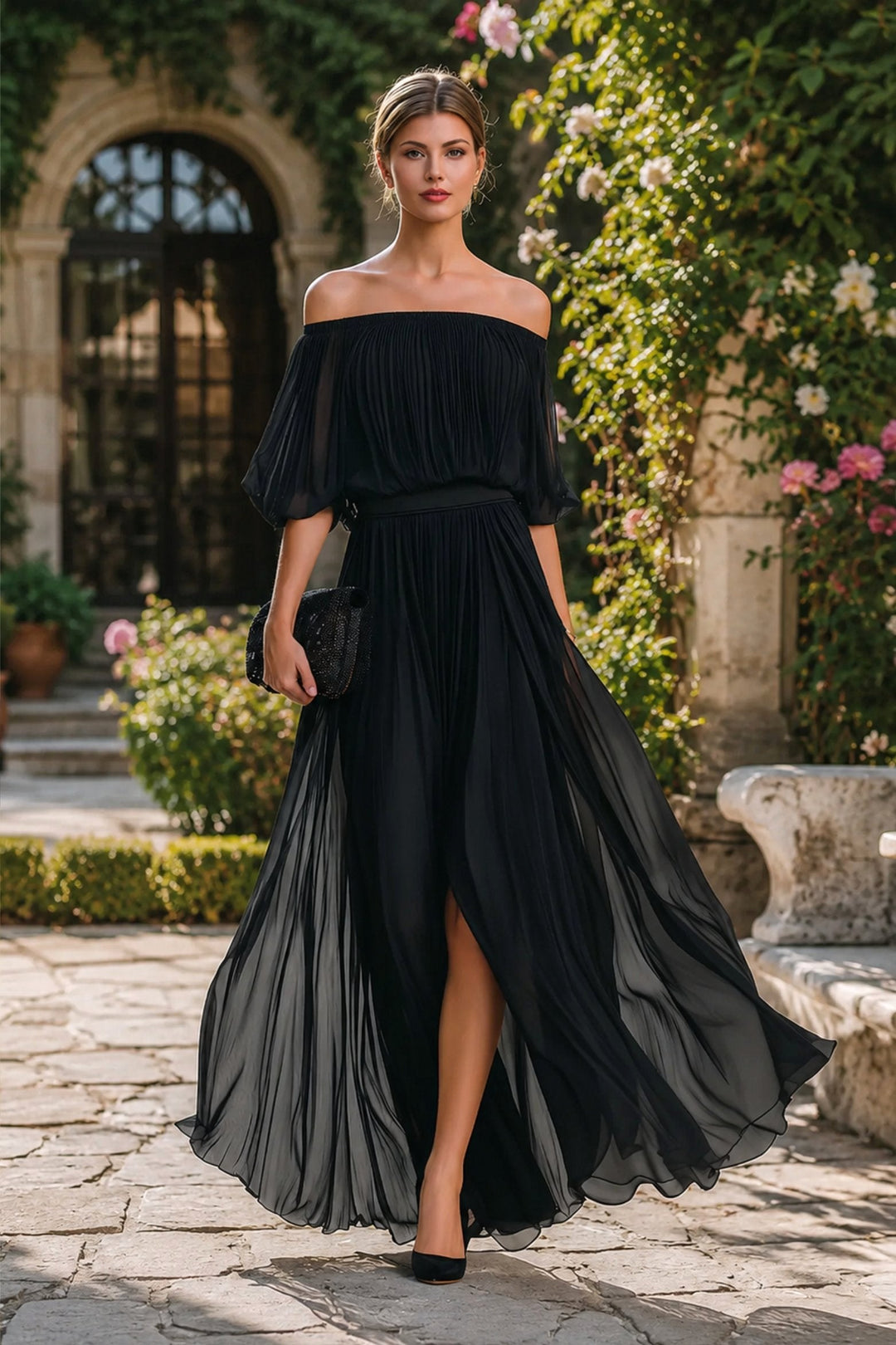 Indiana | Women's Off-Shoulder Pleated Chiffon Maxi Dress, Flowing Evening Dress | The Shrader Sisters