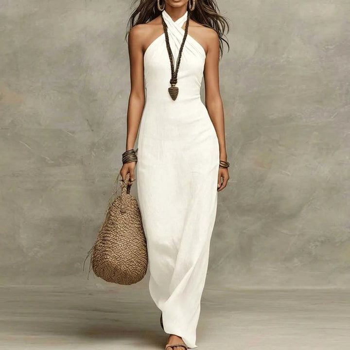 Isabella | Women's Bohemian Halter Linen Dress - White