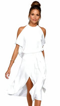 Isla | Women's Halter Midi Dress with Cold Shoulder Sleeves, Wrap-Front Evening Dress | The Shrader Sisters | White