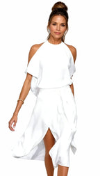 Isla | Women's Halter Midi Dress with Cold Shoulder Sleeves, Wrap-Front Evening Dress | The Shrader Sisters | White