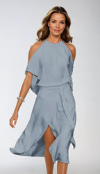 Isla | Women's Halter Midi Dress with Cold Shoulder Sleeves, Wrap-Front Evening Dress | The Shrader Sisters | Gray