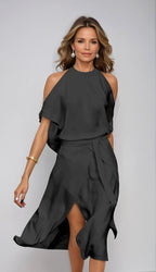 Isla | Women's Halter Midi Dress with Cold Shoulder Sleeves, Wrap-Front Evening Dress | The Shrader Sisters | Black