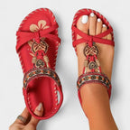 Isla | Women's Orthopedic T-Strap Sandals, Bohemian Flat Sandals | The Shrader Sisters | Cobalt Blue