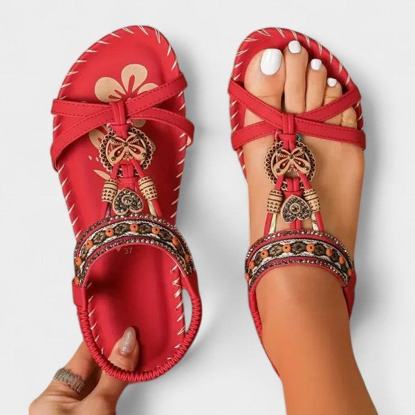 Isla | Women's Orthopedic T-Strap Sandals, Bohemian Flat Sandals | The Shrader Sisters | Cobalt Blue