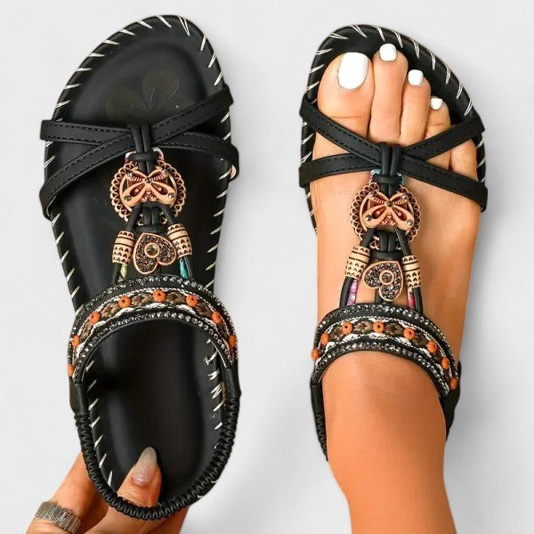 Isla | Women's Orthopedic T-Strap Sandals, Bohemian Flat Sandals | The Shrader Sisters | Mahogany Brown