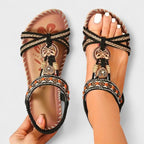 Isla | Women's Orthopedic T-Strap Sandals, Bohemian Flat Sandals | The Shrader Sisters | Light Black