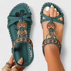 Isla | Women's Orthopedic T-Strap Sandals, Bohemian Flat Sandals | The Shrader Sisters | Beige Bali