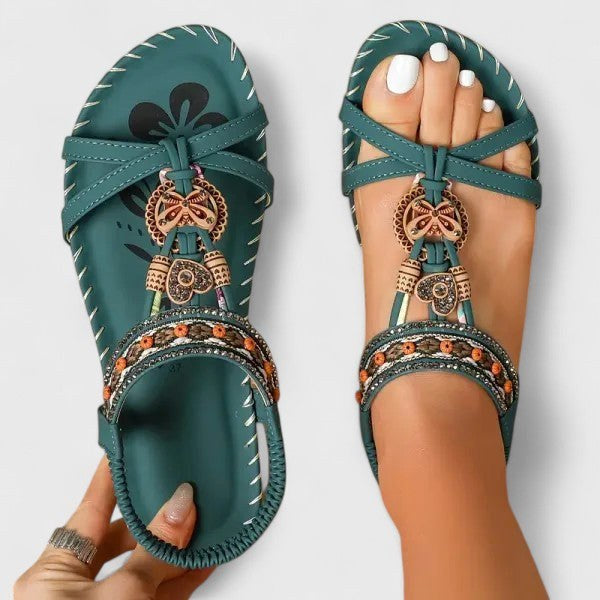 Isla | Women's Orthopedic T-Strap Sandals, Bohemian Flat Sandals | The Shrader Sisters | Beige Bali