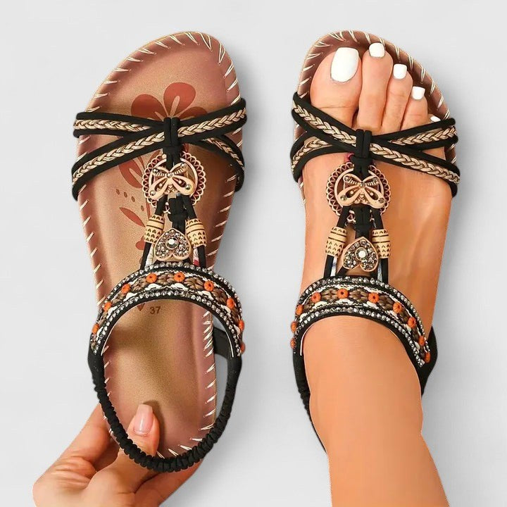 Isla | Women's Orthopedic T-Strap Sandals, Bohemian Flat Sandals | The Shrader Sisters | White Athena