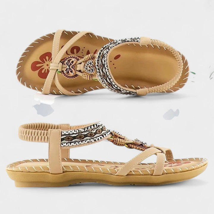 Isla | Women's Orthopedic T-Strap Sandals, Bohemian Flat Sandals | The Shrader Sisters | Toledo Red