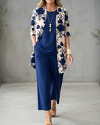 Jacinta | Women's Three-Piece Floral Blazer Set, Wide-Leg Trouser Suit | The Shrader Sisters | Azul