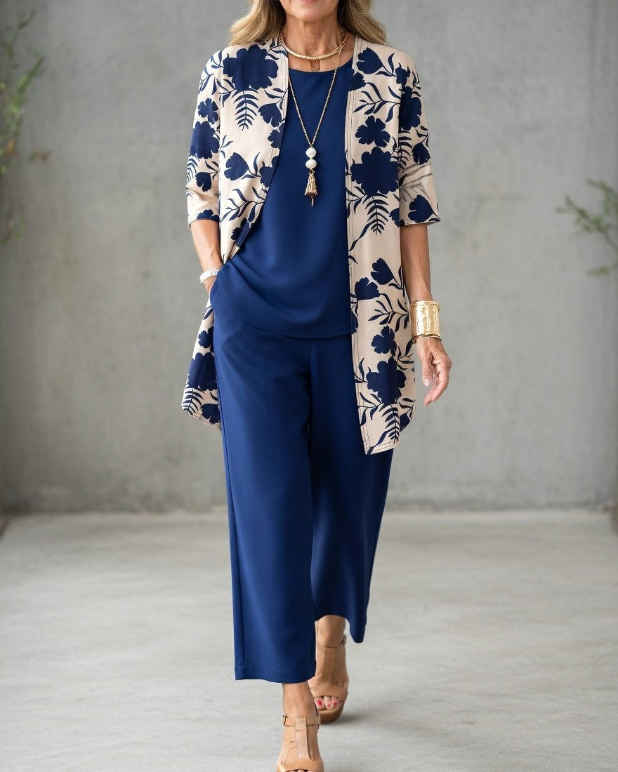 Jacinta | Women's Three-Piece Floral Blazer Set, Wide-Leg Trouser Suit | The Shrader Sisters | Azul
