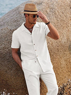 Jarrah | Men's Camp Collar Shirt and Trousers Set, Lightweight Two-Piece Set | The Shrader Sisters | Khaki