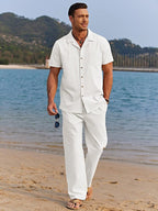Jarrah | Men's Camp Collar Shirt and Trousers Set, Lightweight Two-Piece Set | The Shrader Sisters | Black