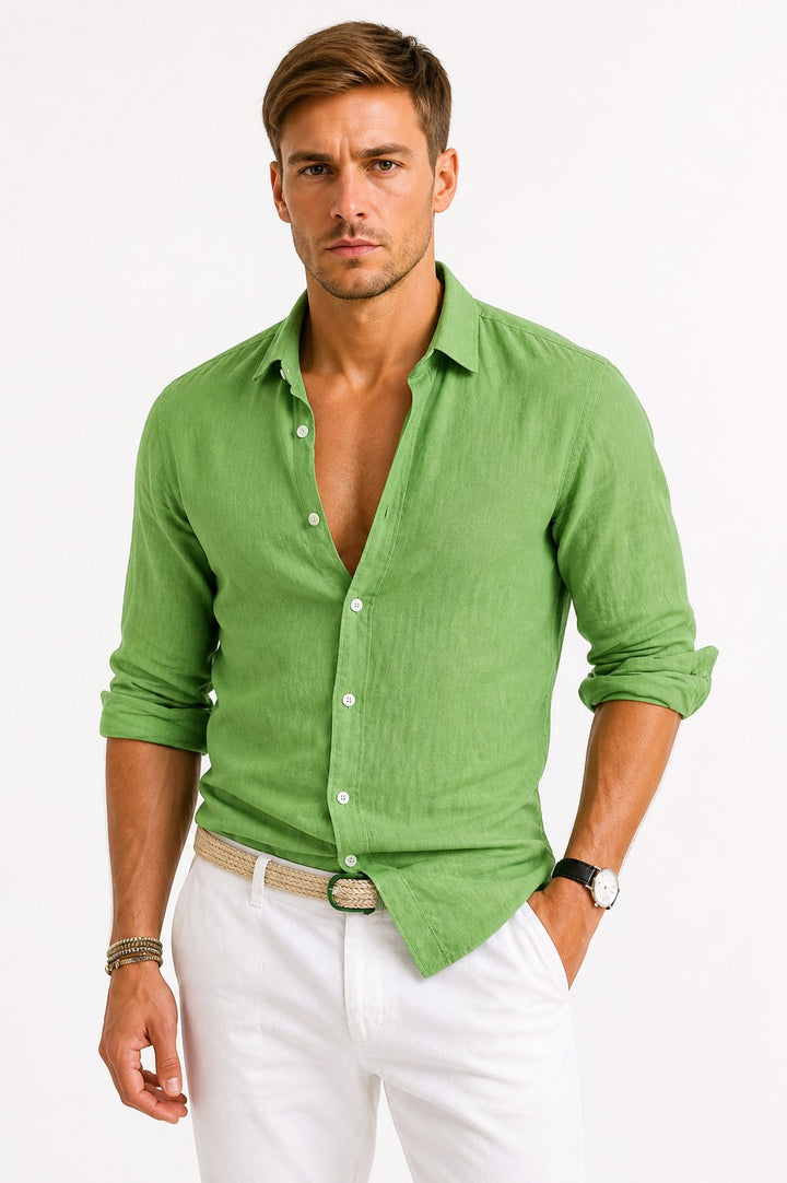 Jarrah | Men's Linen Oxford Shirt, Button-Down Rolled Sleeve Shirt | The Shrader Sisters | Green