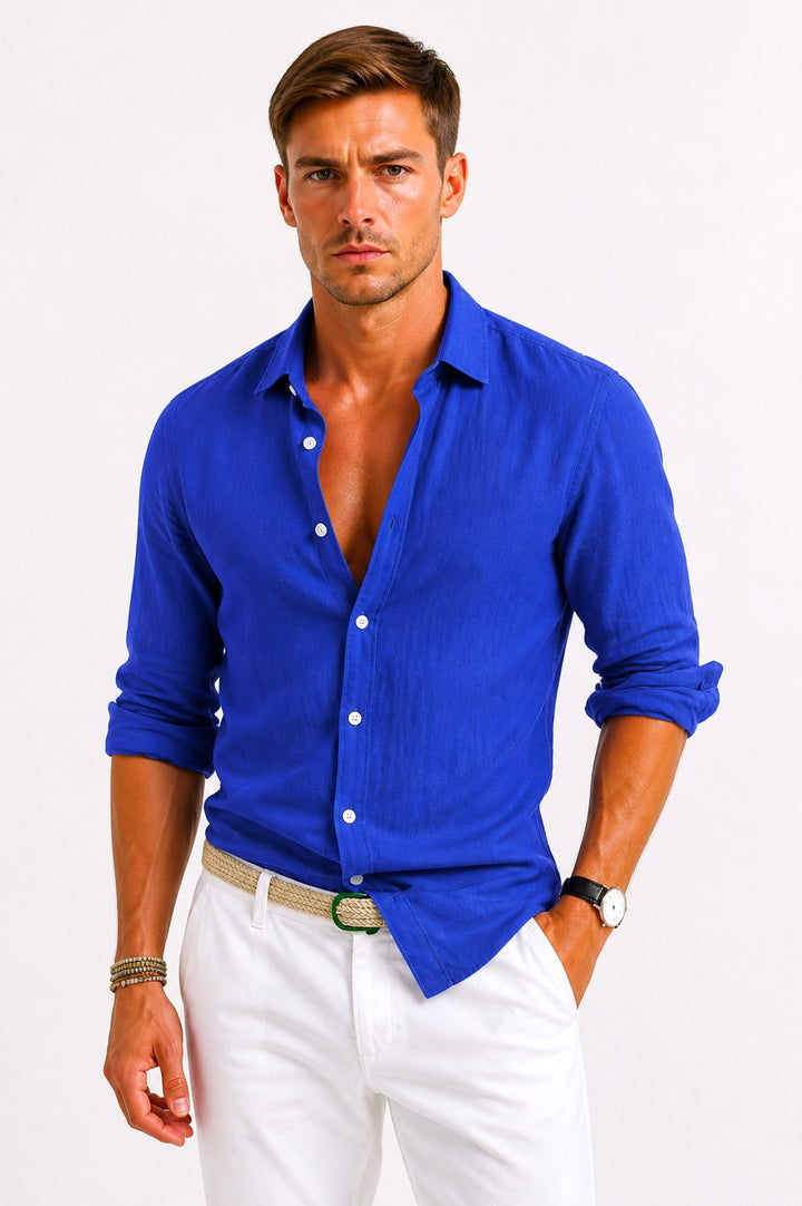 Jarrah | Men's Linen Oxford Shirt, Button-Down Rolled Sleeve Shirt | The Shrader Sisters | Beige