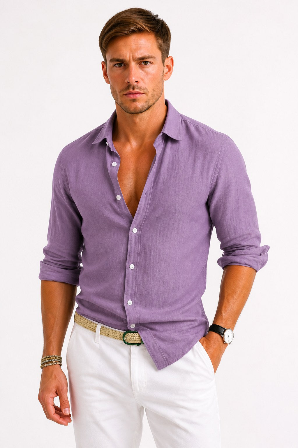 Jarrah | Men's Linen Oxford Shirt, Button-Down Rolled Sleeve Shirt | The Shrader Sisters | Blue