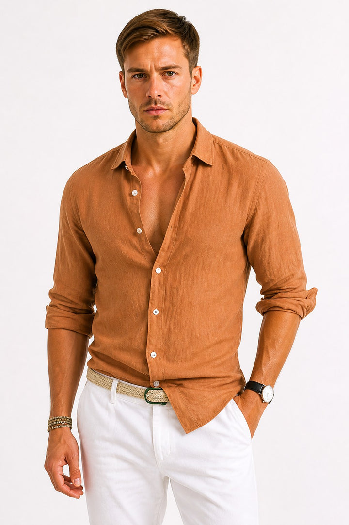 Jarrah | Men's Linen Oxford Shirt, Button-Down Rolled Sleeve Shirt | The Shrader Sisters | Brown