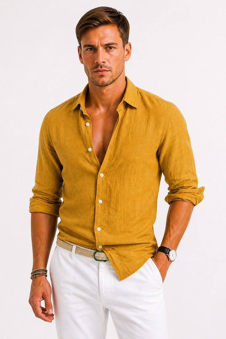 Jarrah | Men's Linen Oxford Shirt, Button-Down Rolled Sleeve Shirt | The Shrader Sisters | Mustard