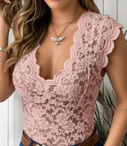Jasmine | Women's Fitted Lace Top with V-Neckline, Short Sleeve Blouse | The Shrader Sisters