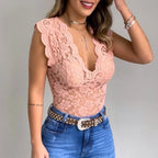 Jasmine | Women's Fitted Lace Top with V-Neckline, Short Sleeve Blouse | The Shrader Sisters