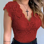 Jasmine | Women's Fitted Lace Top with V-Neckline, Short Sleeve Blouse | The Shrader Sisters