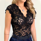 Jasmine | Women's Fitted Lace Top with V-Neckline, Short Sleeve Blouse | The Shrader Sisters