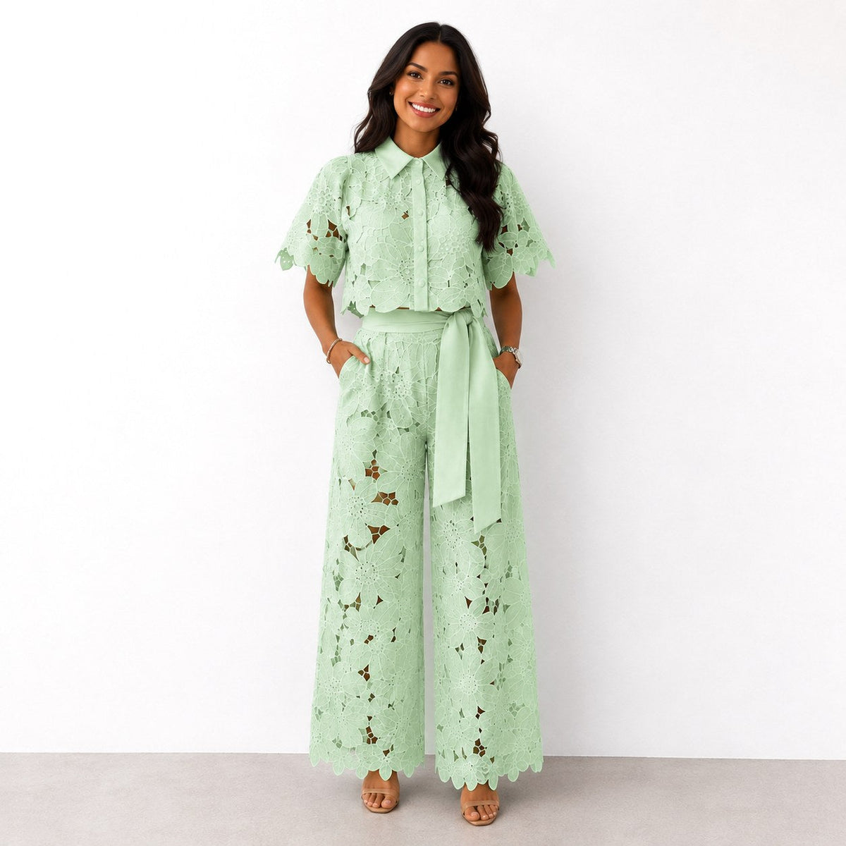 Jasmine | Women's Floral Lace Two-Piece Set, Flowing Trouser Suit | The Shrader Sisters