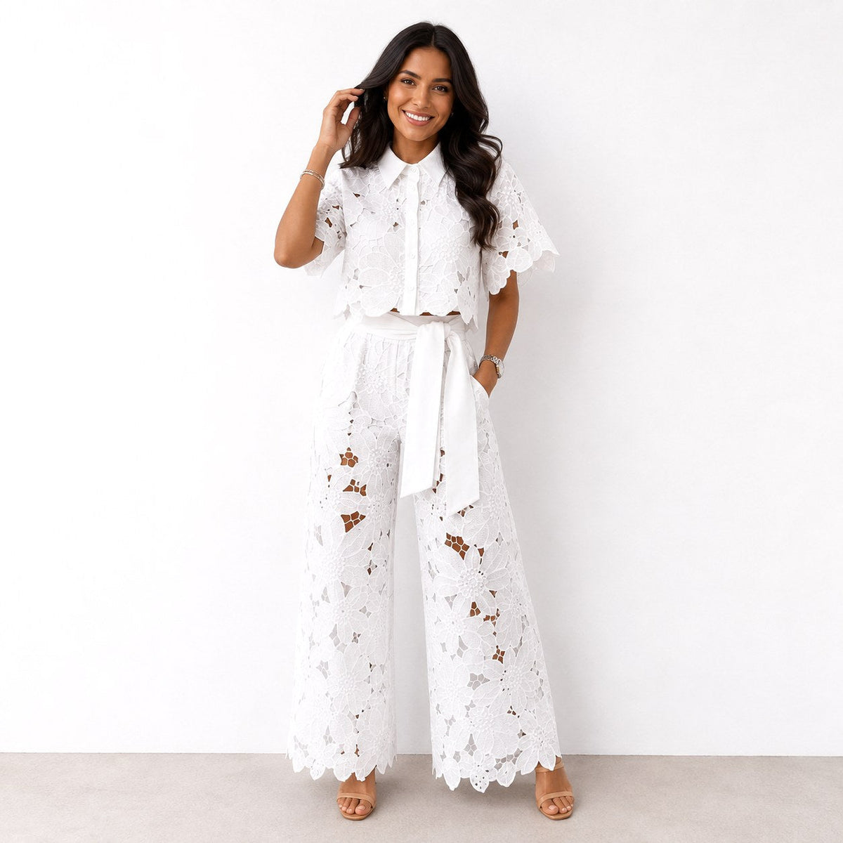 Jasmine | Women's Floral Lace Two-Piece Set, Flowing Trouser Suit | The Shrader Sisters