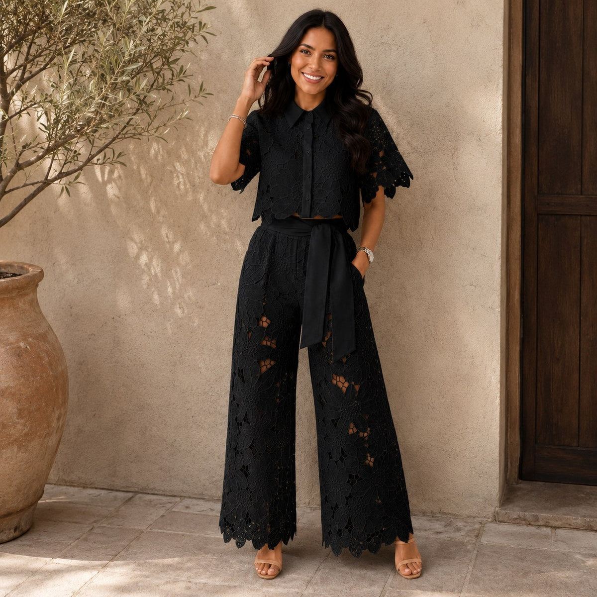 Jasmine | Women's Floral Lace Two-Piece Set, Flowing Trouser Suit | The Shrader Sisters