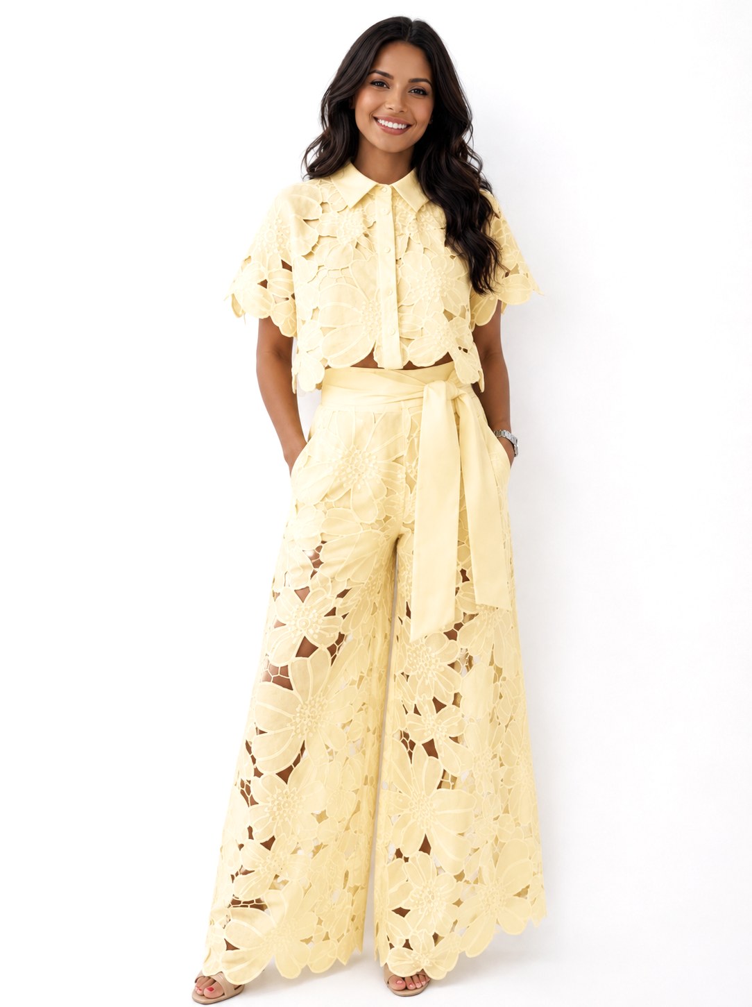 Jasmine | Women's Floral Lace Two-Piece Set, Flowing Trouser Suit | The Shrader Sisters