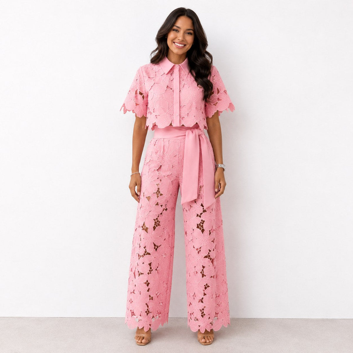 Jasmine | Women's Floral Lace Two-Piece Set, Flowing Trouser Suit | The Shrader Sisters