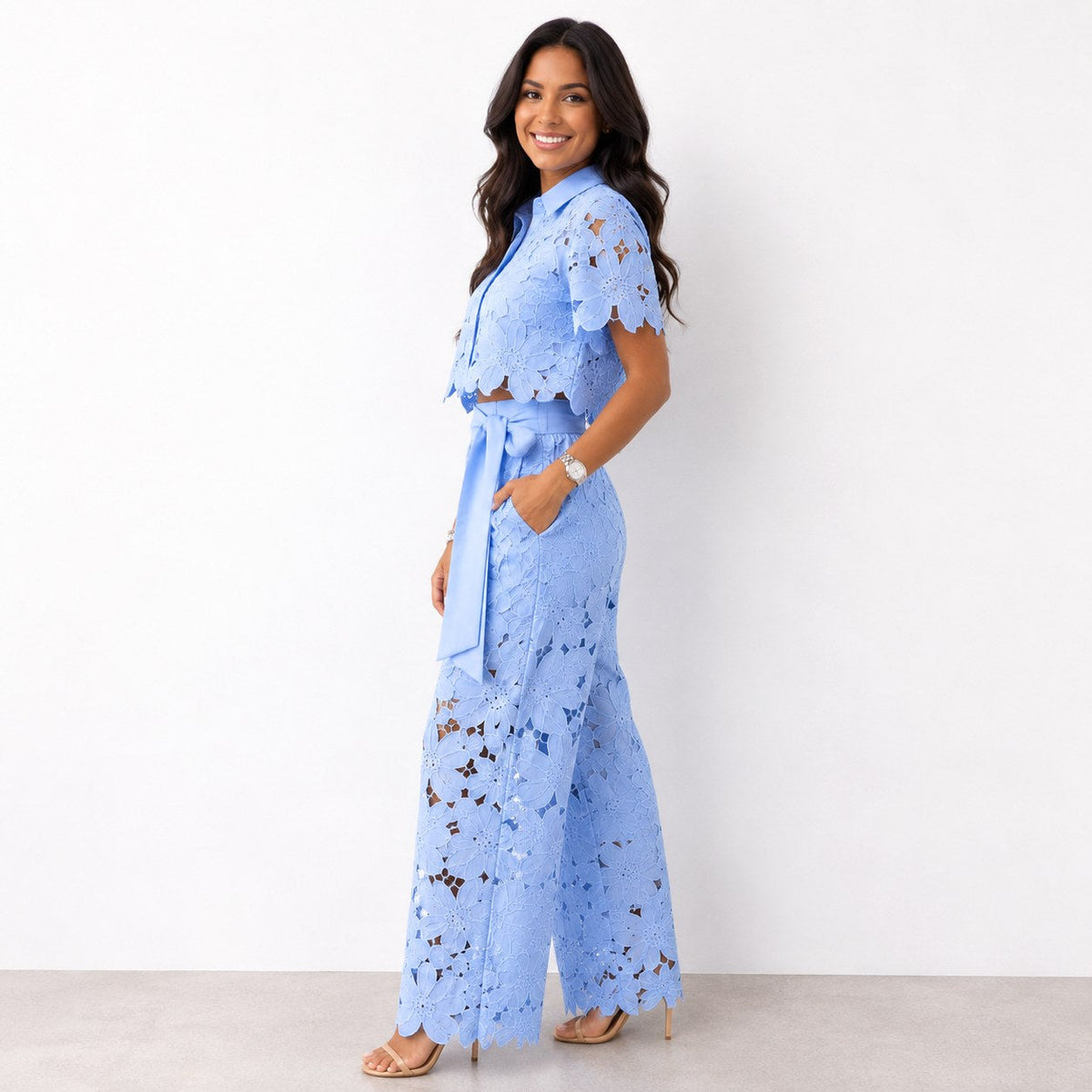 Jasmine | Women's Floral Lace Two-Piece Set, Flowing Trouser Suit | The Shrader Sisters