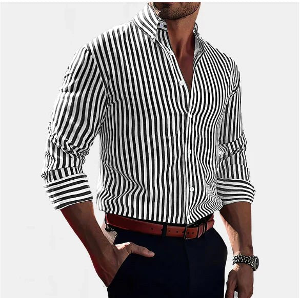 Jasper | Women's Striped Shirt, Vertical Stripe Classic Blouse | The Shrader Sisters
