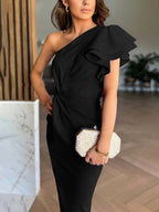 Jemima | Women's One-Shoulder Evening Dress with Ruffles and Cutouts, Elegant Special Occasion Dress | The Shrader Sisters