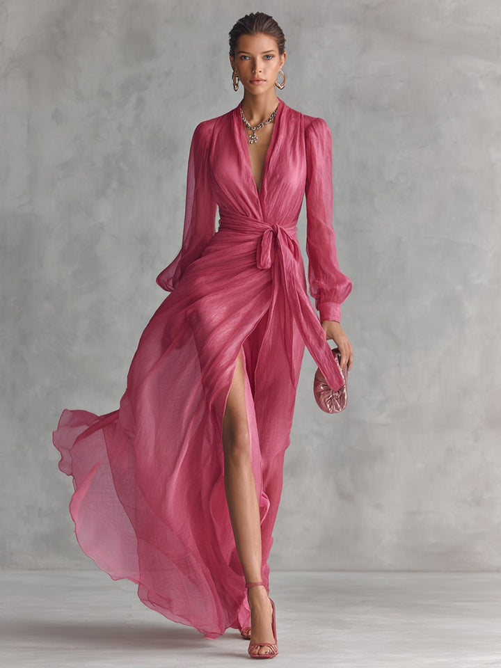 Jenna | Women's Rose Pink Chiffon V-Neck Maxi Dress - image 2
