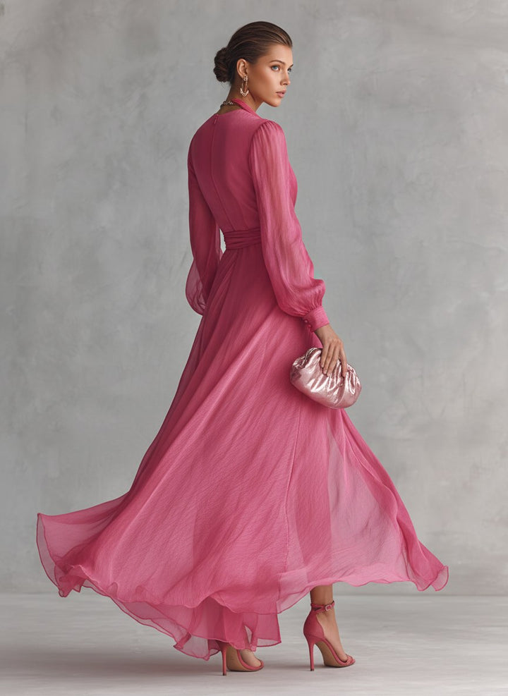 Jenna | Women's Rose Pink Chiffon V-Neck Maxi Dress - image 5