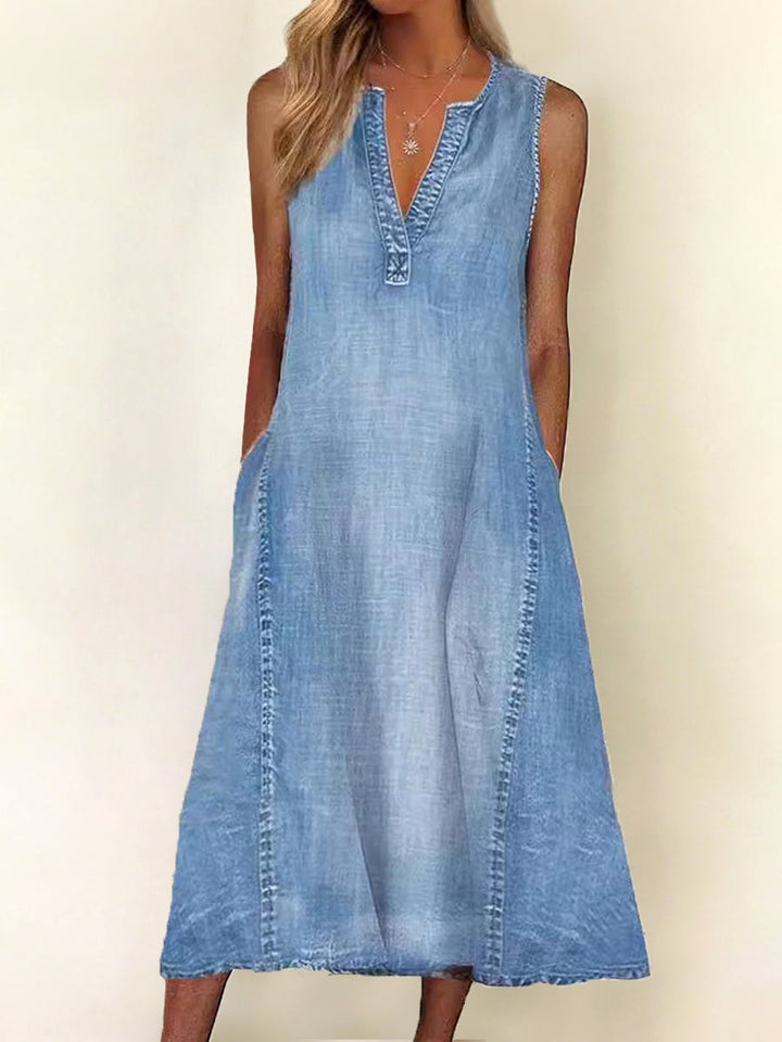 Jennifer | Women's Sleeveless V-Neck Denim Midi Dress - image 1