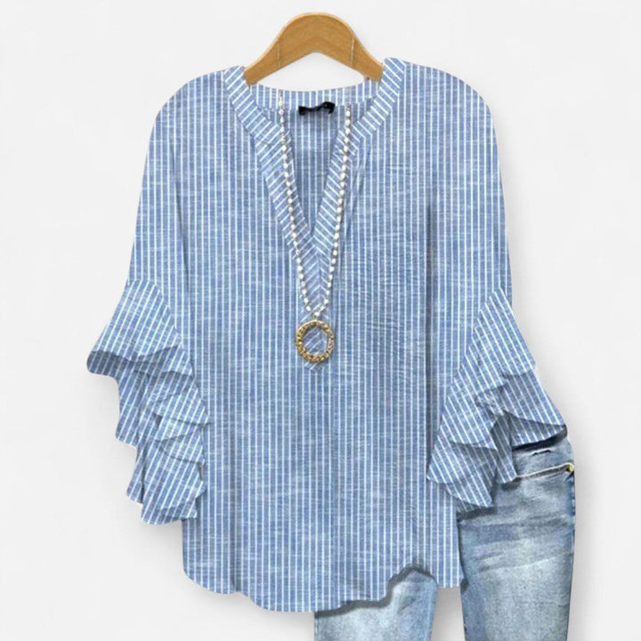 Jocelyn | Women's V-Neck Ruffle Sleeve Blouse - Blue