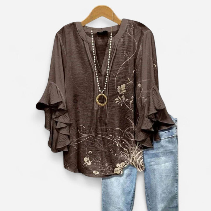 Jocelyn | Women's V-Neck Ruffle Sleeve Blouse - Brown