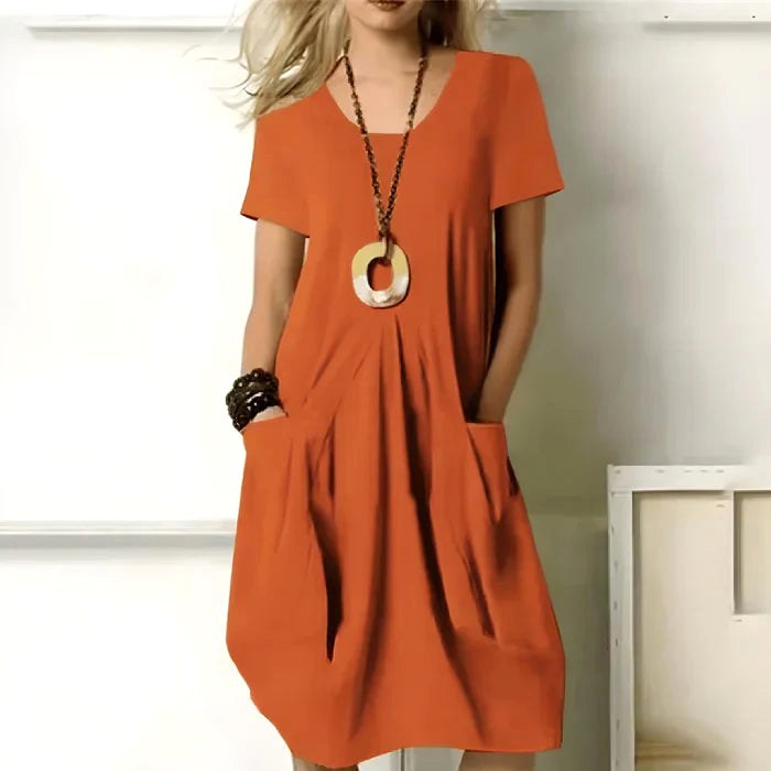 Jodie | Women's Short Sleeve Dress with Pockets, Relaxed-Fit Everyday Dress | The Shrader Sisters | Orange