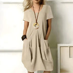 Jodie | Women's Short Sleeve Dress with Pockets, Relaxed-Fit Everyday Dress | The Shrader Sisters | Beige