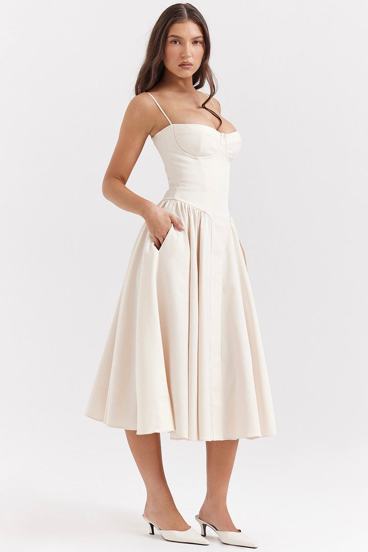 Juliette | Women's Corset Midi Dress with Adjustable Straps - LightBeige