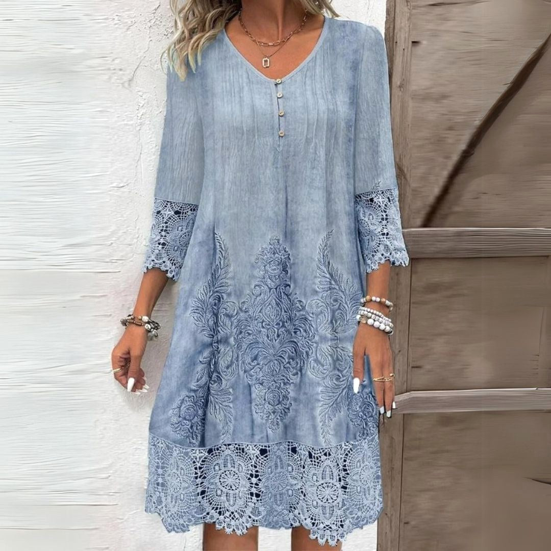 Juniper | Women's Boho Midi Lace Hem Long Sleeve Dress - Light Blue