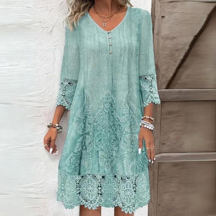 Juniper | Women's Boho Midi Lace Hem Long Sleeve Dress - Green