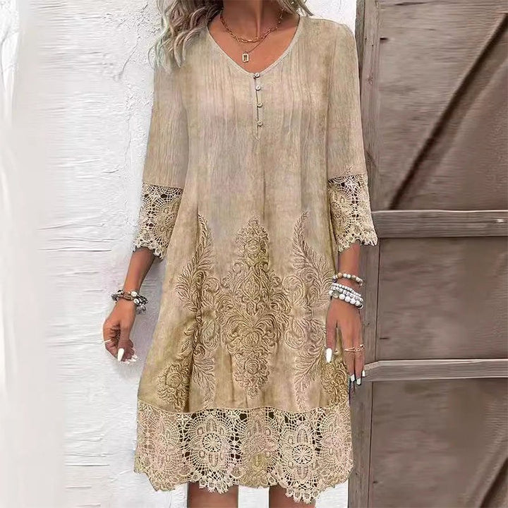 Juniper | Women's Boho Midi Lace Hem Long Sleeve Dress - Khaki